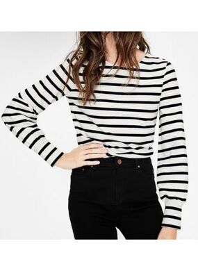 Boden Lena Breton Black and White Long Sleeve Striped Tee